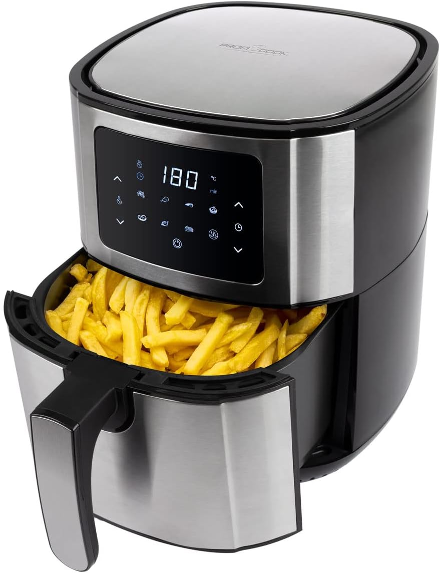 ProfiCook® hetelucht friteuse PC FR 1239 H - Hetelucht friteuse 5.5L XXL capaciteit, olie- en vetvrije airfryer met LED touchscreen en 7 programma's, ideaal voor friet nugget, roestvrij staal 1400W